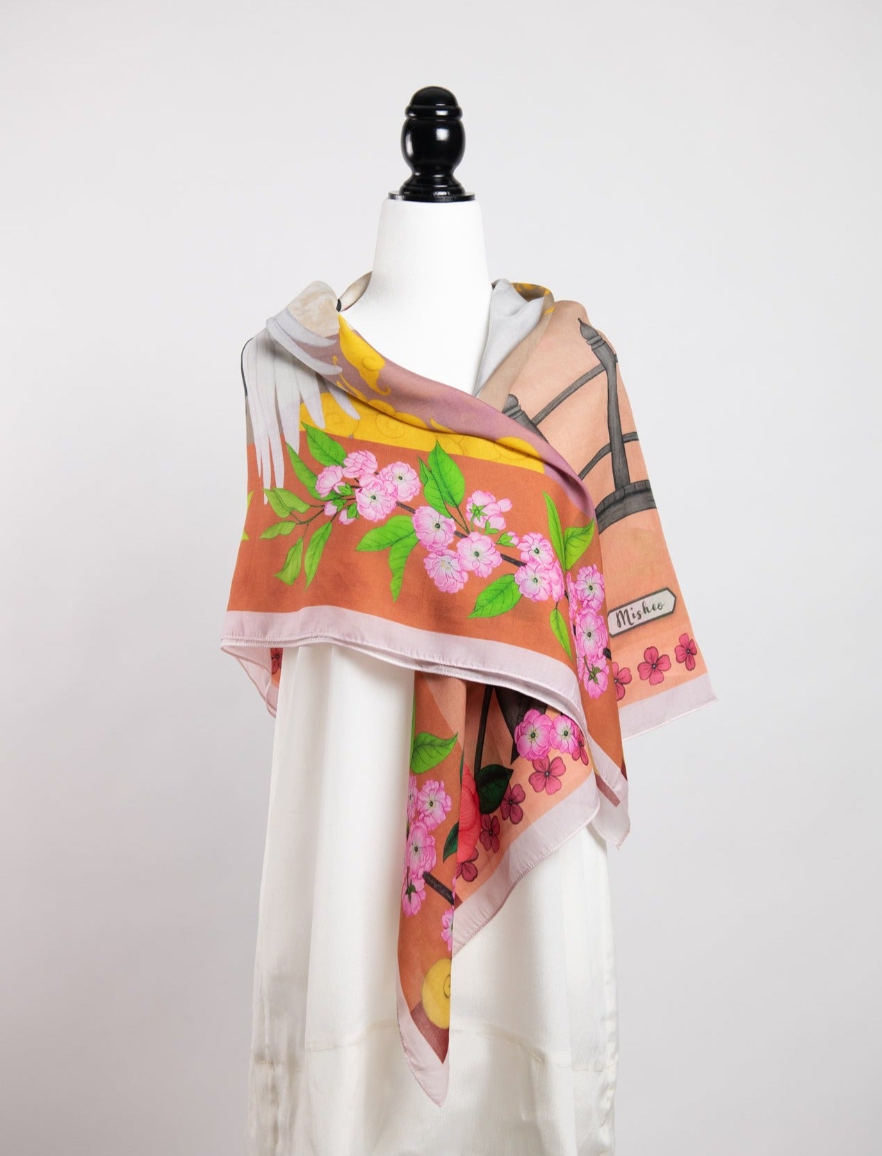  Red Crowned Cranes Cherry Terracotta Silk Cotton Art Scarf