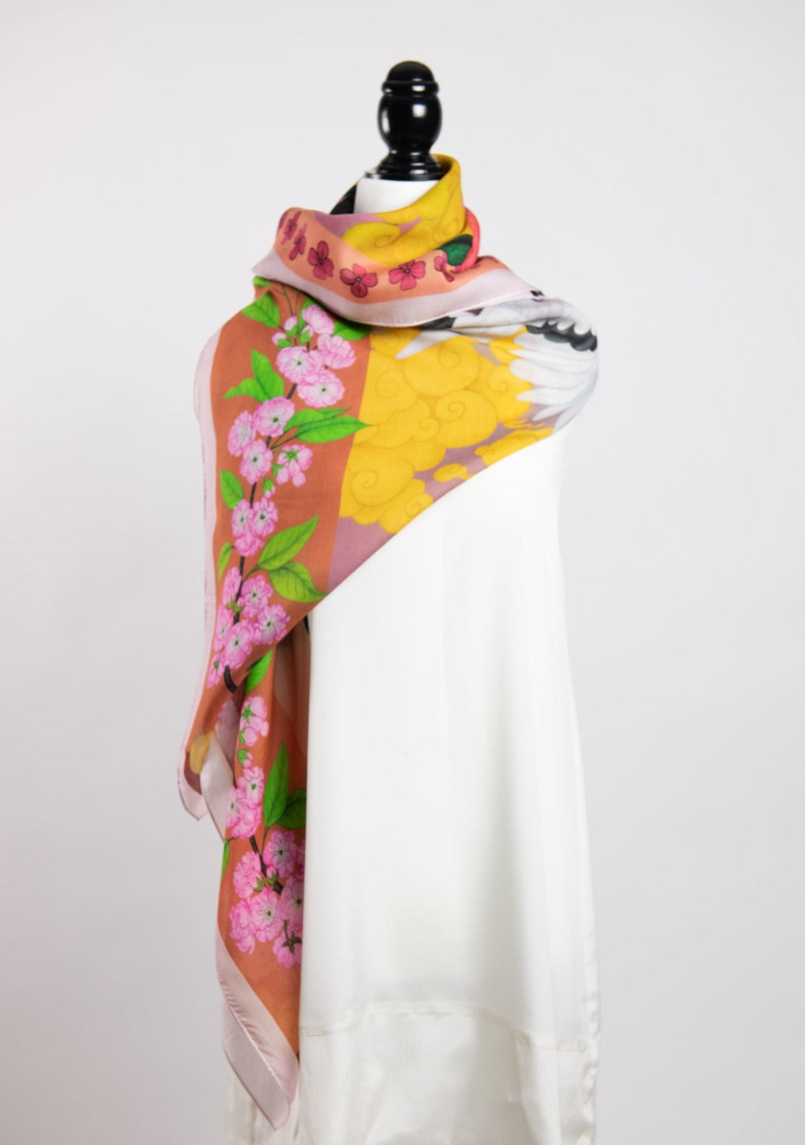  Red Crowned Cranes Cherry Terracotta Silk Cotton Art Scarf