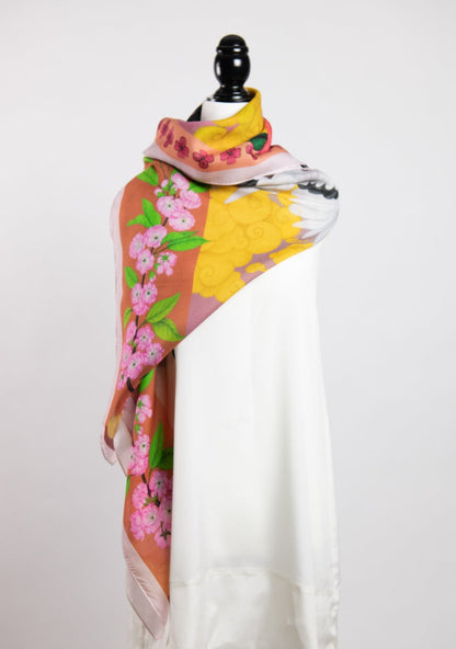  Red Crowned Cranes Cherry Terracotta Silk Cotton Art Scarf