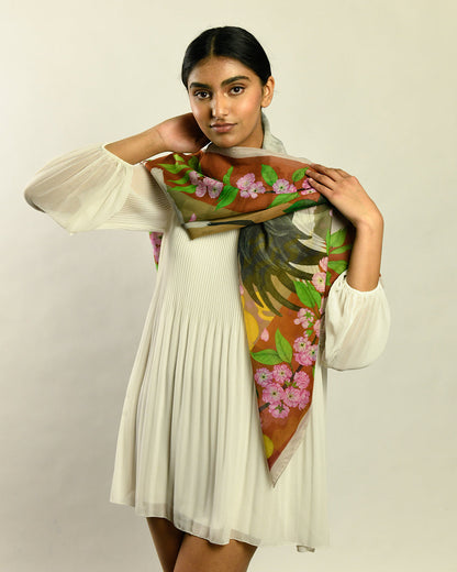  Red Crowned Cranes Cherry Terracotta Silk Cotton Art Scarf