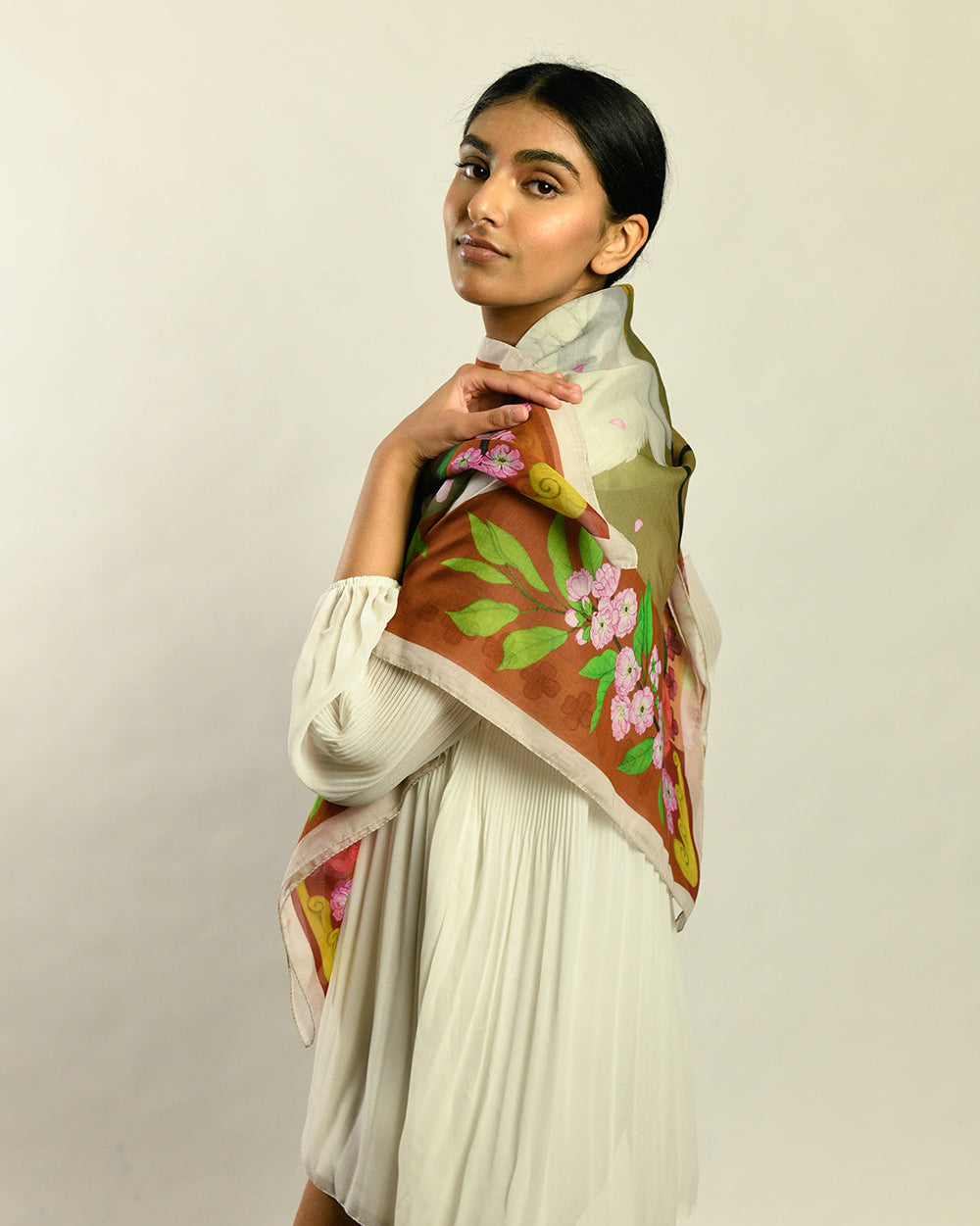  Red Crowned Cranes Cherry Terracotta Silk Cotton Art Scarf