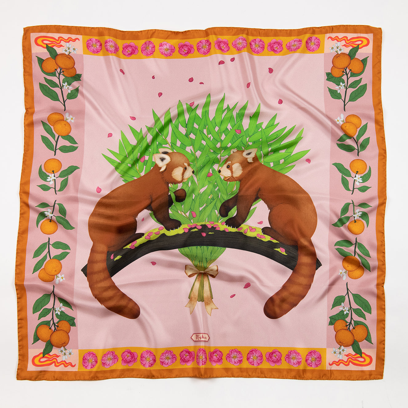 Red Pandas Citrus Blush Luxury Art Scarf