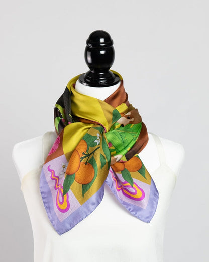 Red Pandas Citrus Mustard Luxury Art Scarf