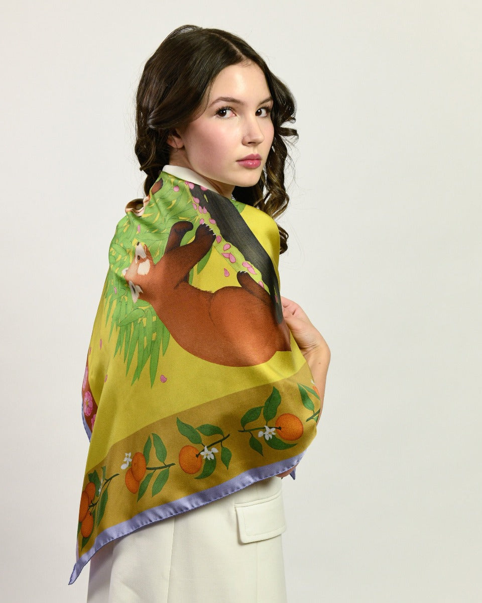 Red Pandas Citrus Mustard Luxury Art Scarf