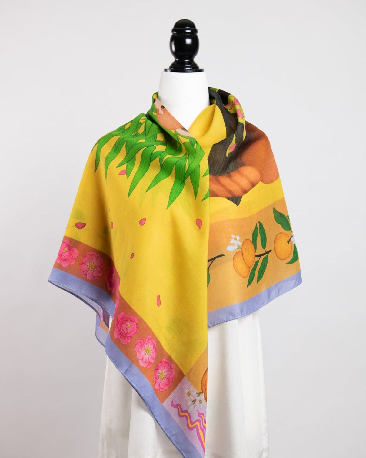 Red Pandas Citrus Mustard Silk Cotton Scarf