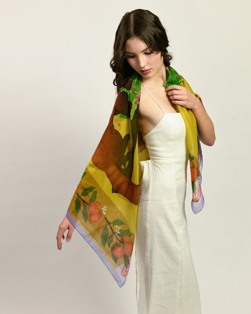 Red Pandas Citrus Mustard Silk Cotton Scarf