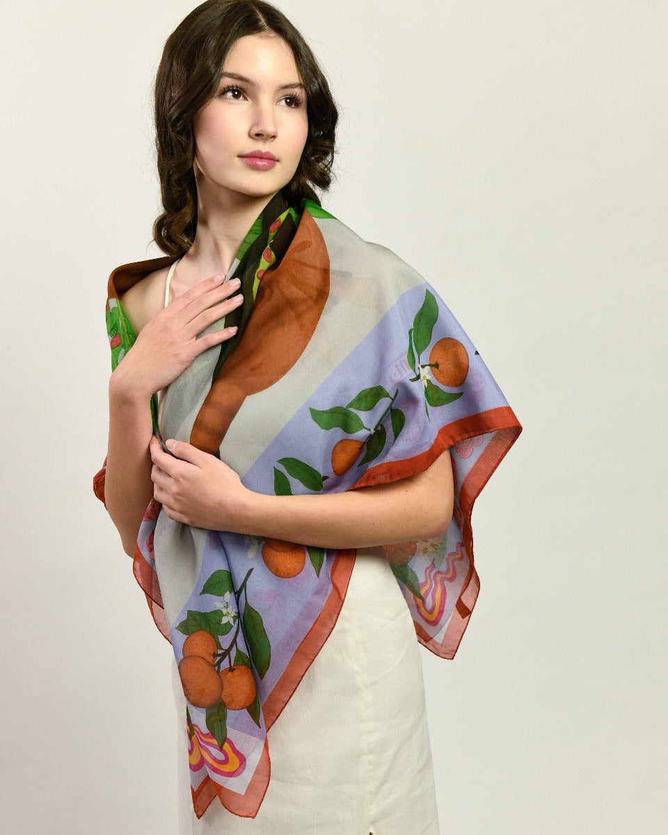 Red Pandas Citrus Terracotta Luxury Art Scarf
