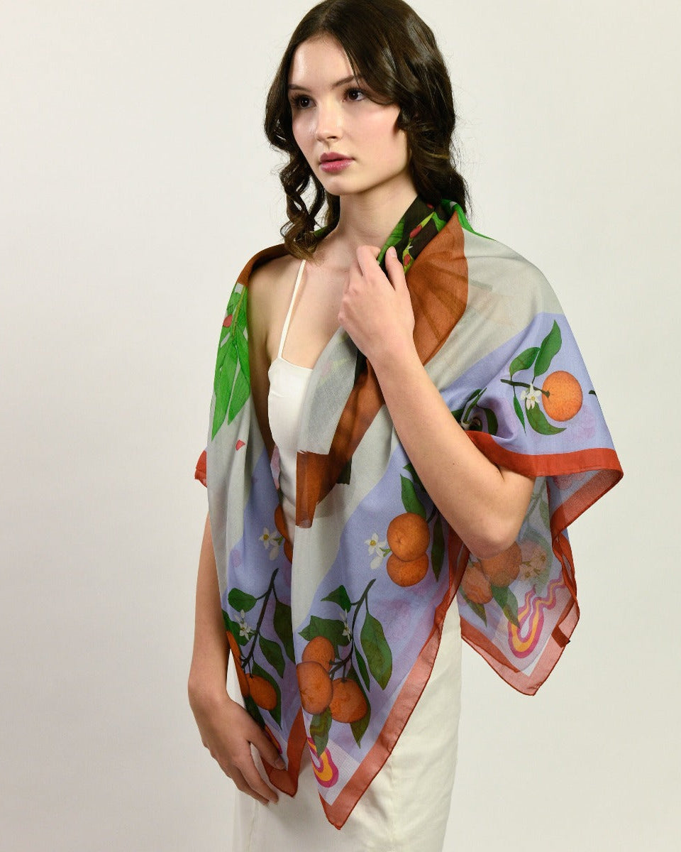 Red Pandas Citrus Terracotta Luxury Art Scarf