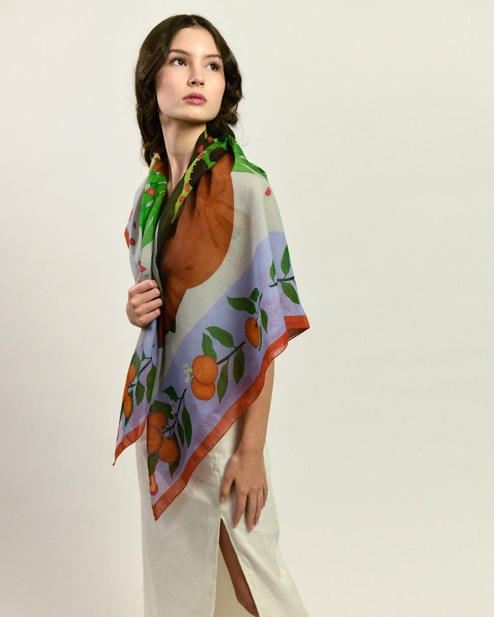 Red Pandas Citrus Terracotta Luxury Art Scarf