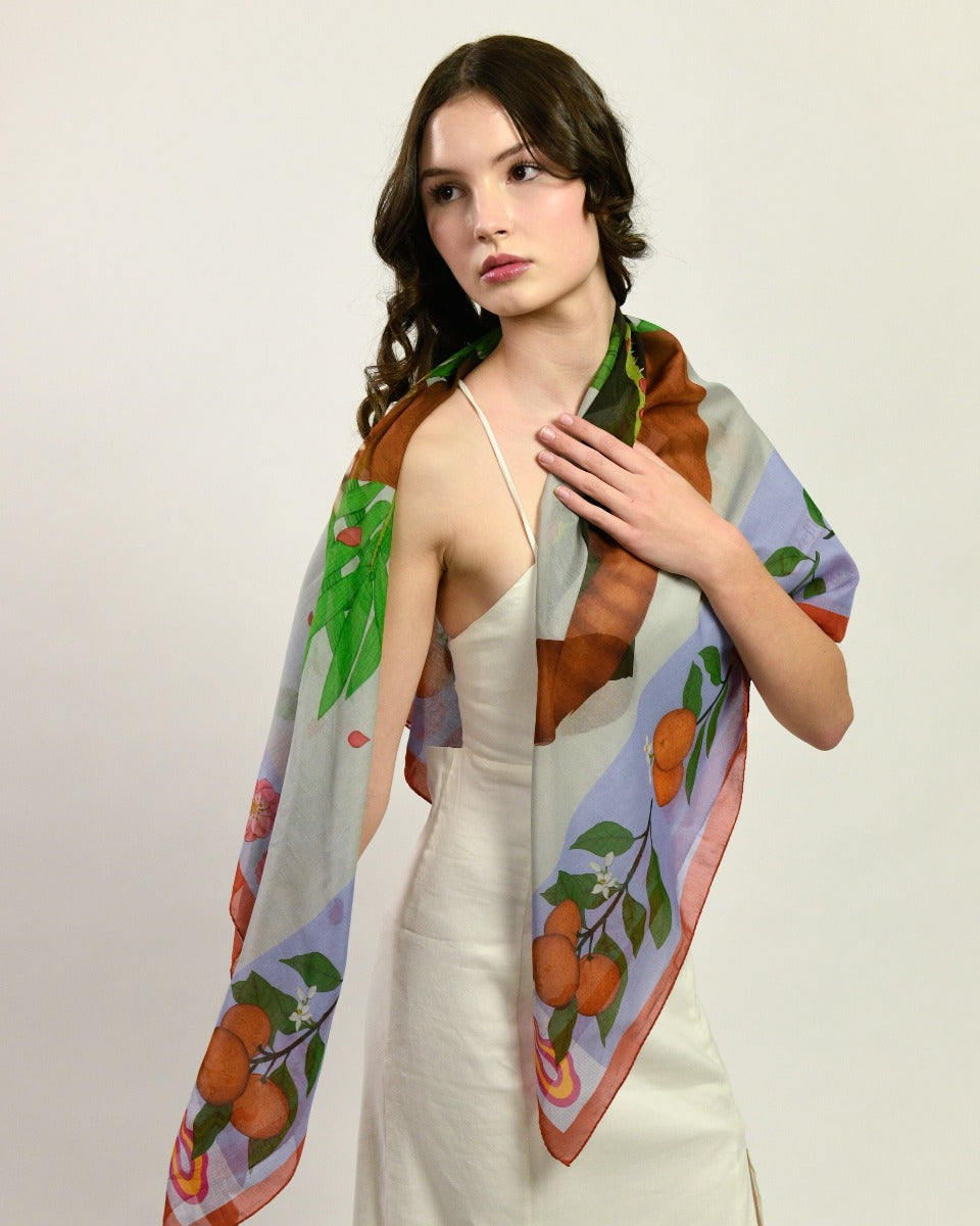 Red Pandas Citrus Terracotta Luxury Art Scarf