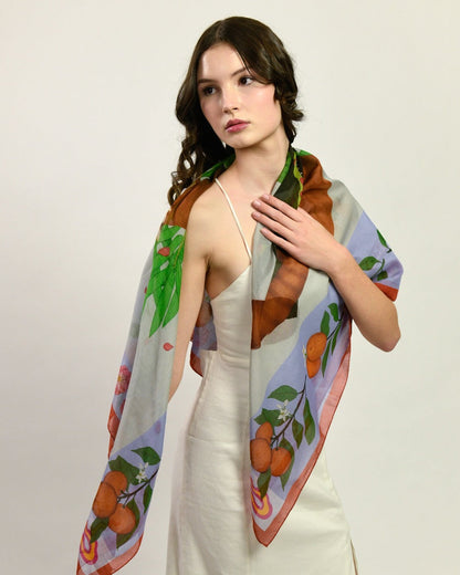 Red Pandas Citrus Terracotta Luxury Art Scarf