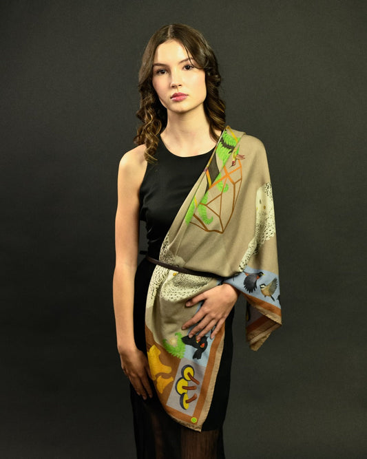 Misheo Snowy Owls Cinnamon Sky Wool Silk Scarf