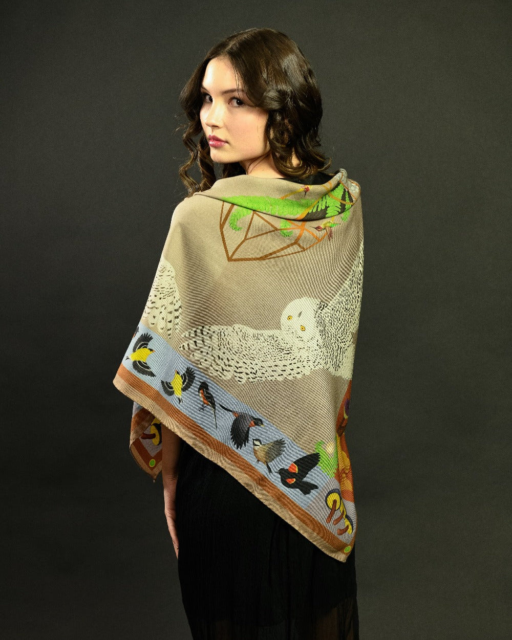 Misheo Snowy Owls Cinnamon Sky Wool Silk Scarf