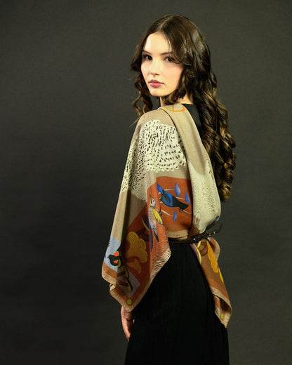 Misheo Snowy Owls Cinnamon Sky Wool Silk Scarf