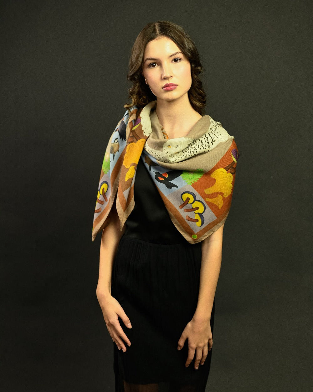 Misheo Snowy Owls Cinnamon Sky Wool Silk Scarf